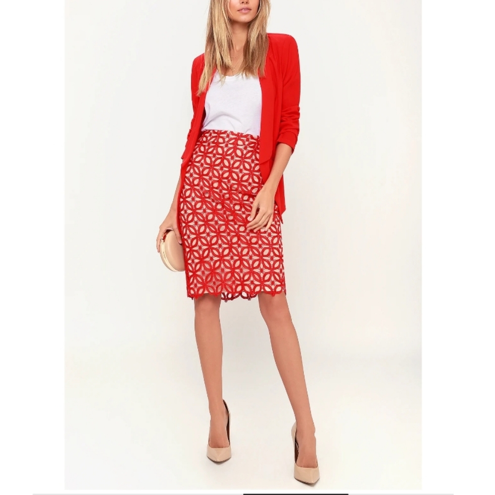 Harnett Red and Nude Lace Skirt XS